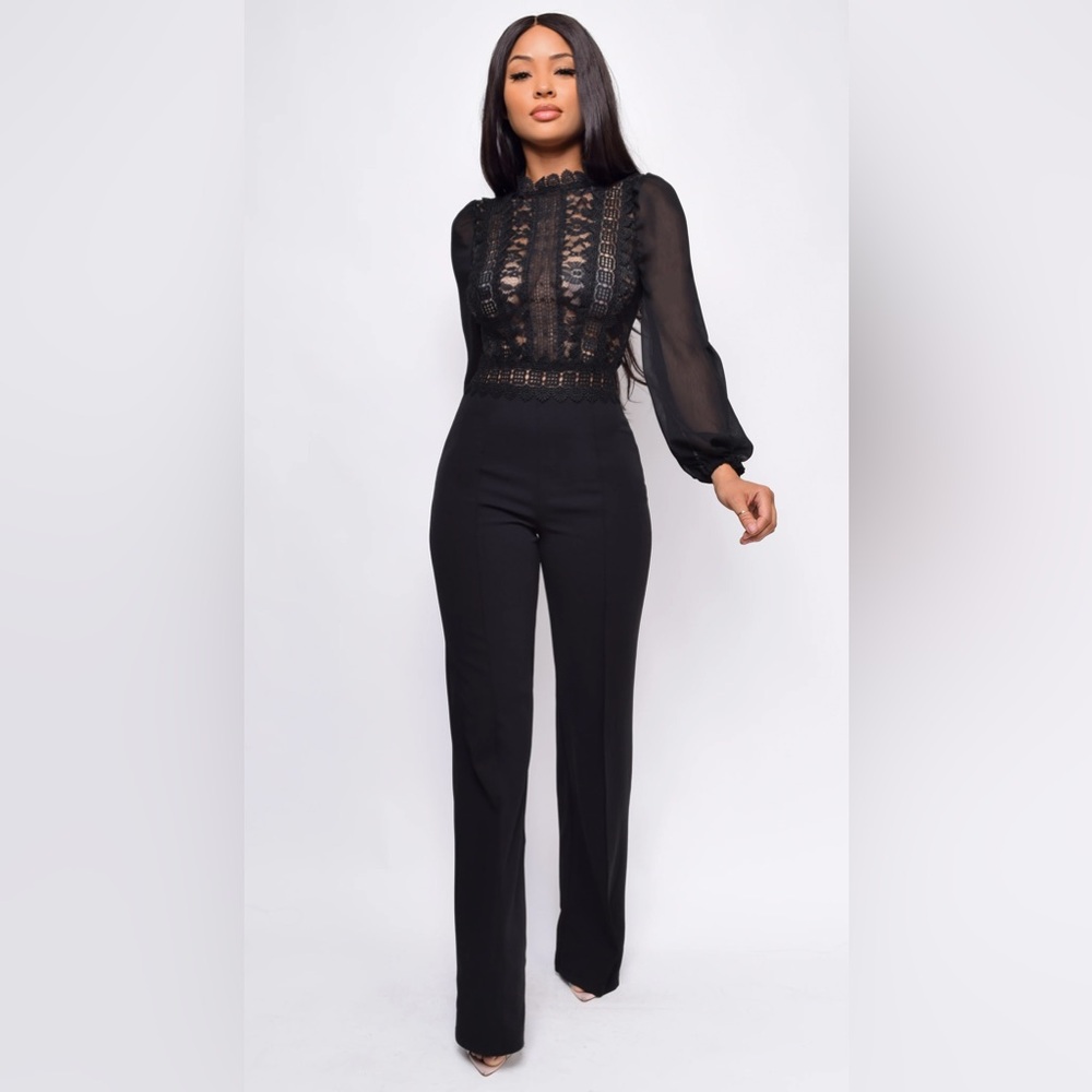 Nerine Crochet Lace Mesh Jumpsuit - Black